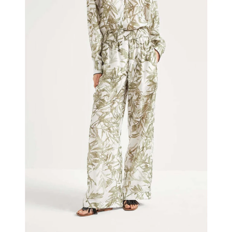 White Printed Silk Wide Trousers