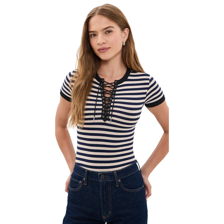 Ringer Lace Up Bodysuit Black Sand Stripe XS