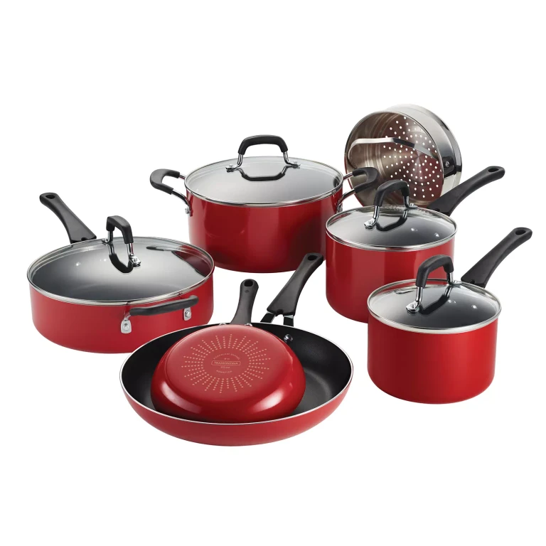 11-Piece Nonstick Porcelain Enamel Cookware Set-Red:- Red