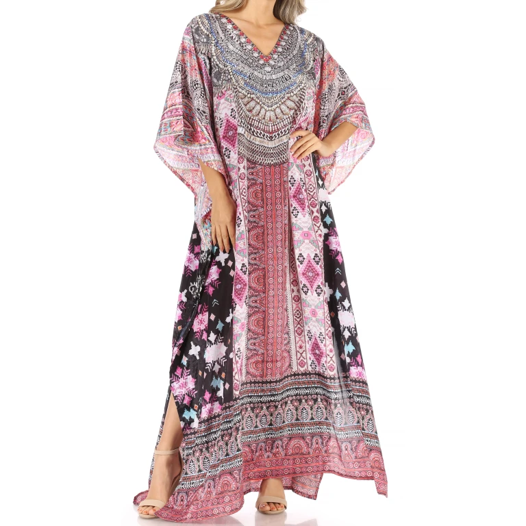 Sakkas Anahi Flowy Design V Neck Long Caftan Dress / Cover Up With Rhinestone