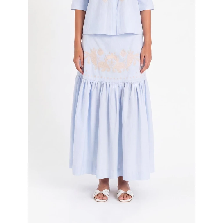Long Pleated Cotton Skirt with High Waist and Embroidery (261AT203113391)