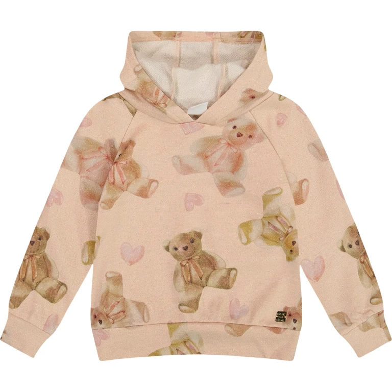 Teddy Bear Print Glittering French Terry Hoodie - Little Girl