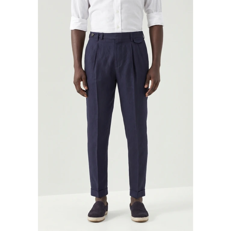 Navy Linen Tapered Trousers