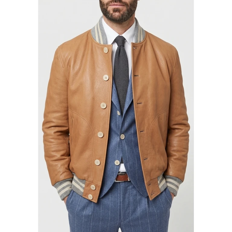 Brown Leather Bomber Jacket