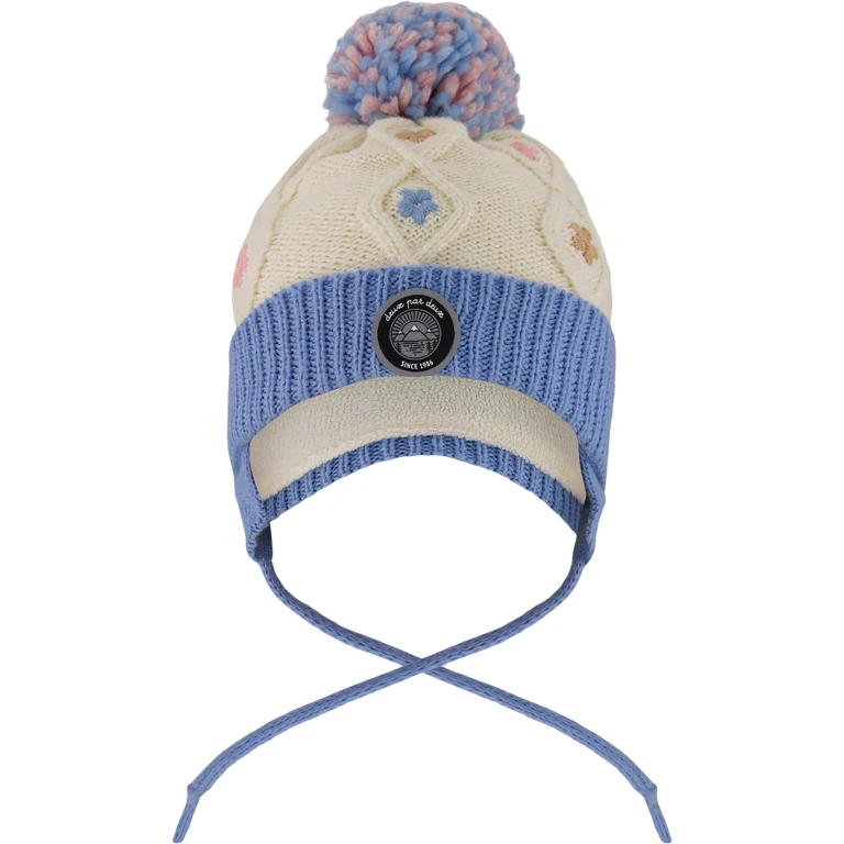 Off-White-Blue Lined Knit Hat with Ears - Baby Girl