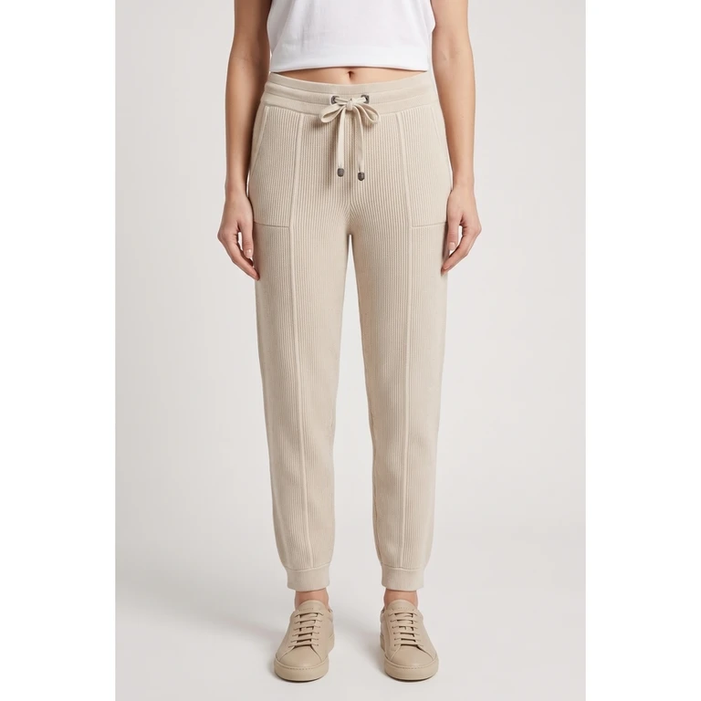 Beige Ribbed Knit Trousers