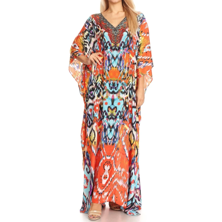 Sakkas Anahi Flowy Design V Neck Long Caftan Dress / Cover Up With Rhinestone