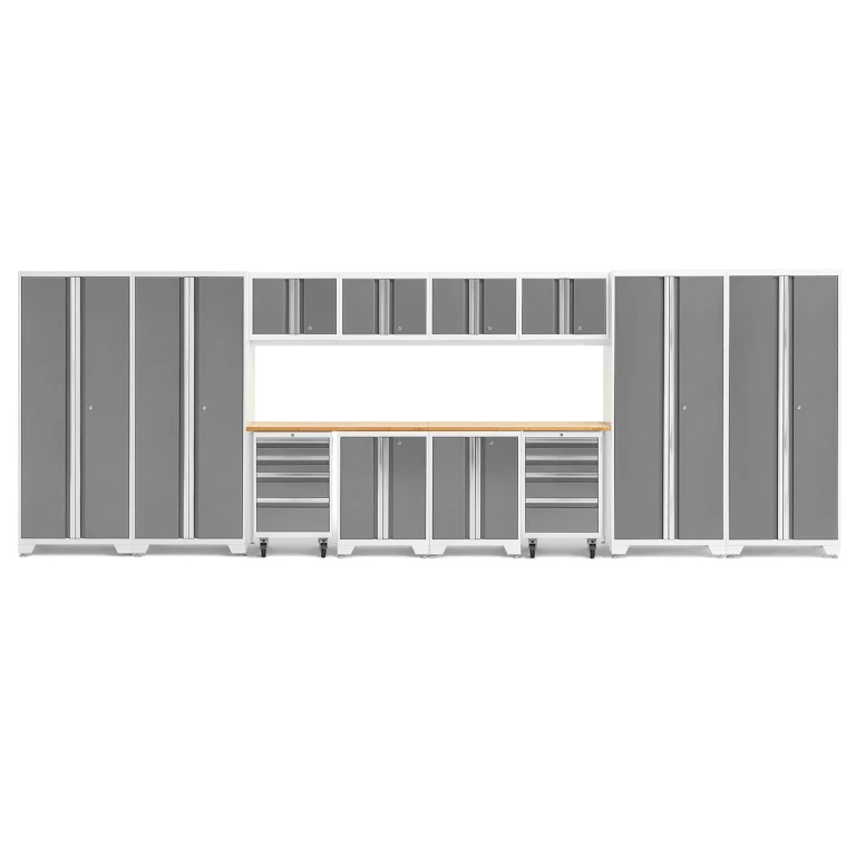 Bold Series 14 Piece Cabinet Set, 216' W x 18' D x 76.75' H - Platinum, Bamboo Top:- Platinum, Bamboo