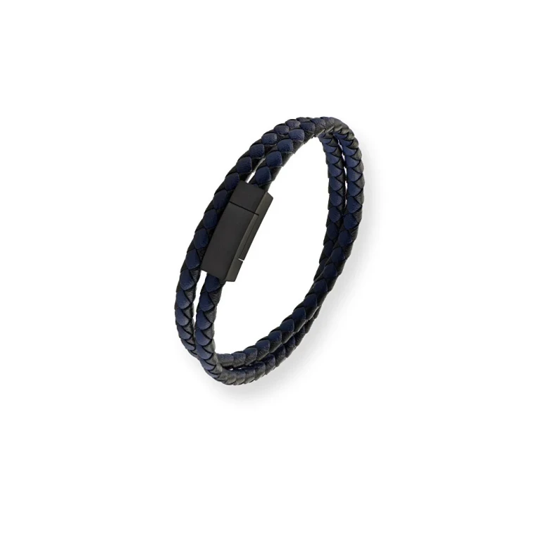Double Bracelet in Black and Blue Leather Vabob013