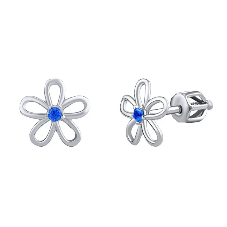 Silver Earrings - Flower with Blue Zircon on Silver Screw Silvegob31857Sbdb
