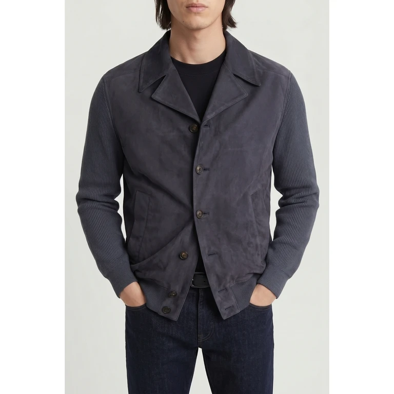 Dark Blue Leather Knit Jacket