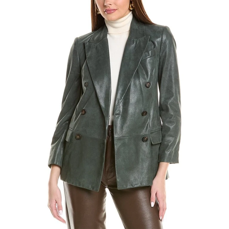 Forest Green Leather Double-Breasted Blazer