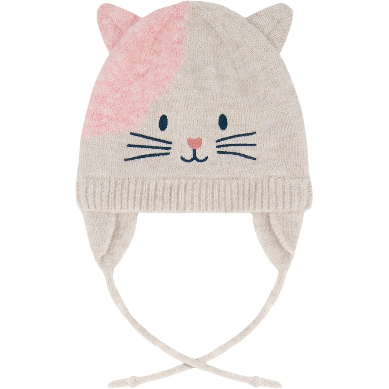 Off-White-Pink Lined Knit Hat with Ears - Baby Girl