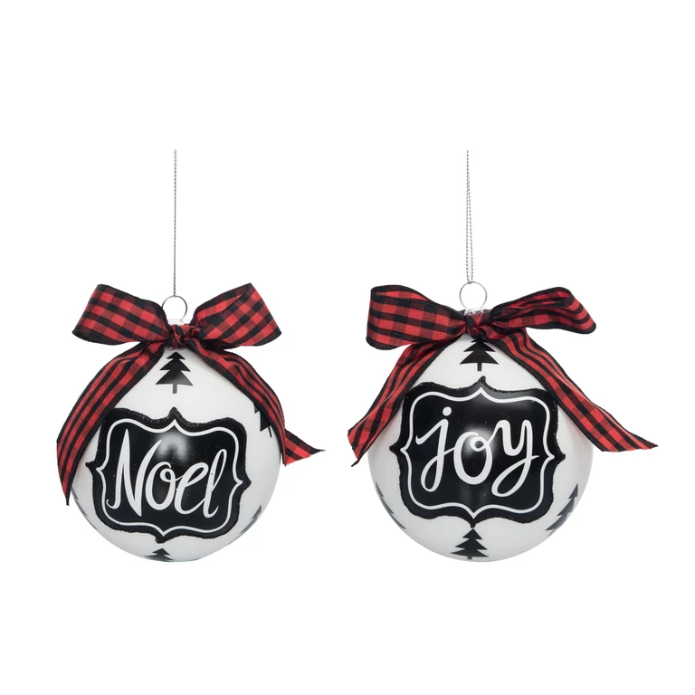 Glass Black Noel Joy Ornament Set of 2 with Red Bow Christmas Tree Decorations for Holiday Home Decor