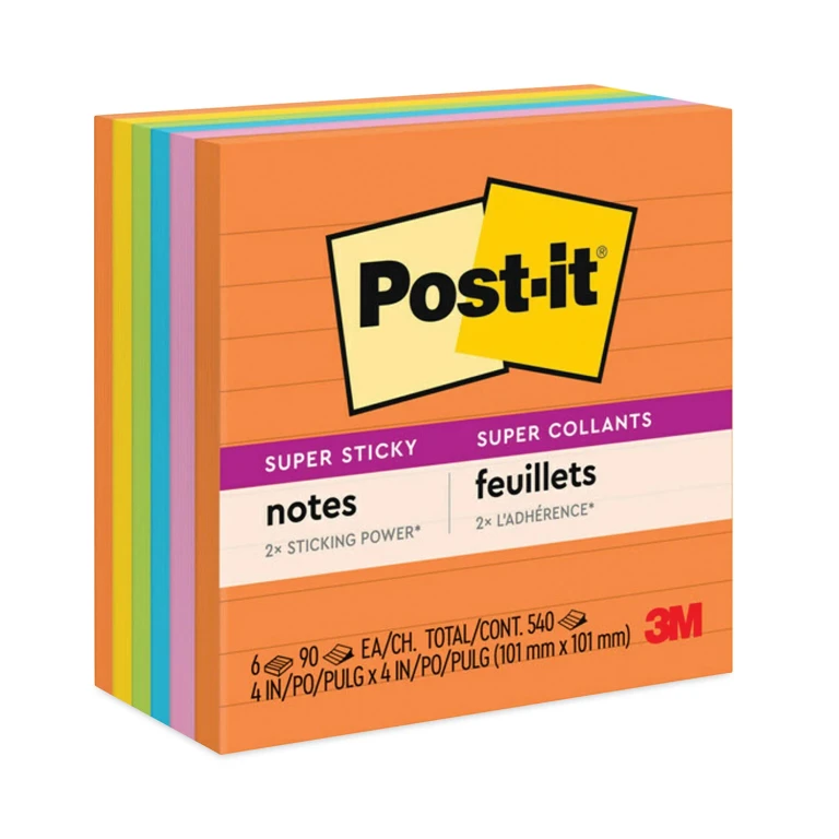 Super Sticky Notes, 4 x 4, Lined, 90 Sheet Pads, 6 Pads, Jewel Pop Collection