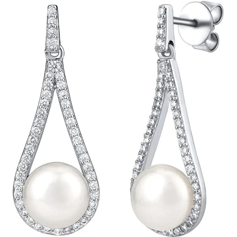 Luxury Silver Earrings with Genuine White Pearl Lpsgrp19233W