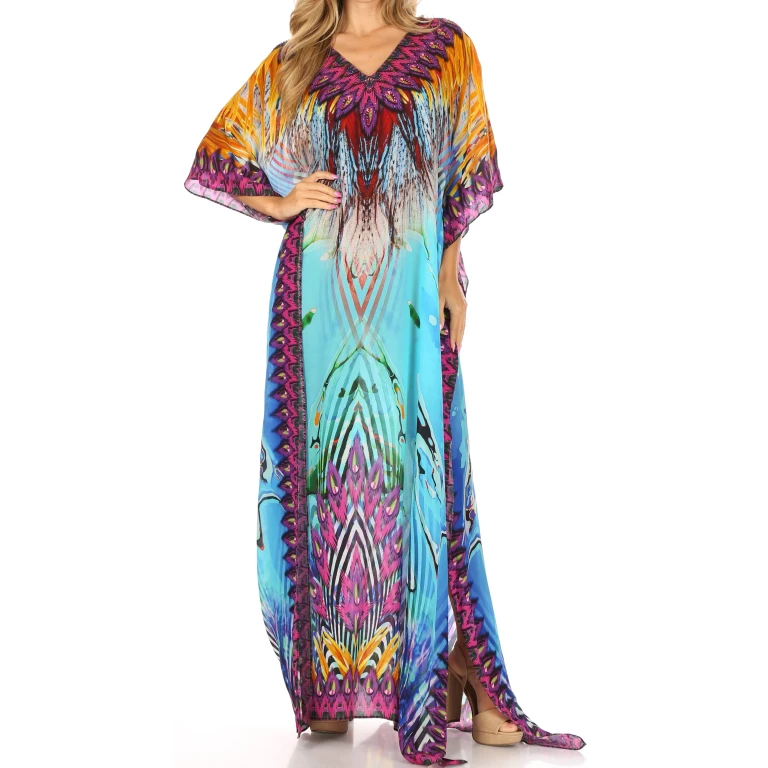 Sakkas Anahi Flowy Design V Neck Long Caftan Dress / Cover Up With Rhinestone