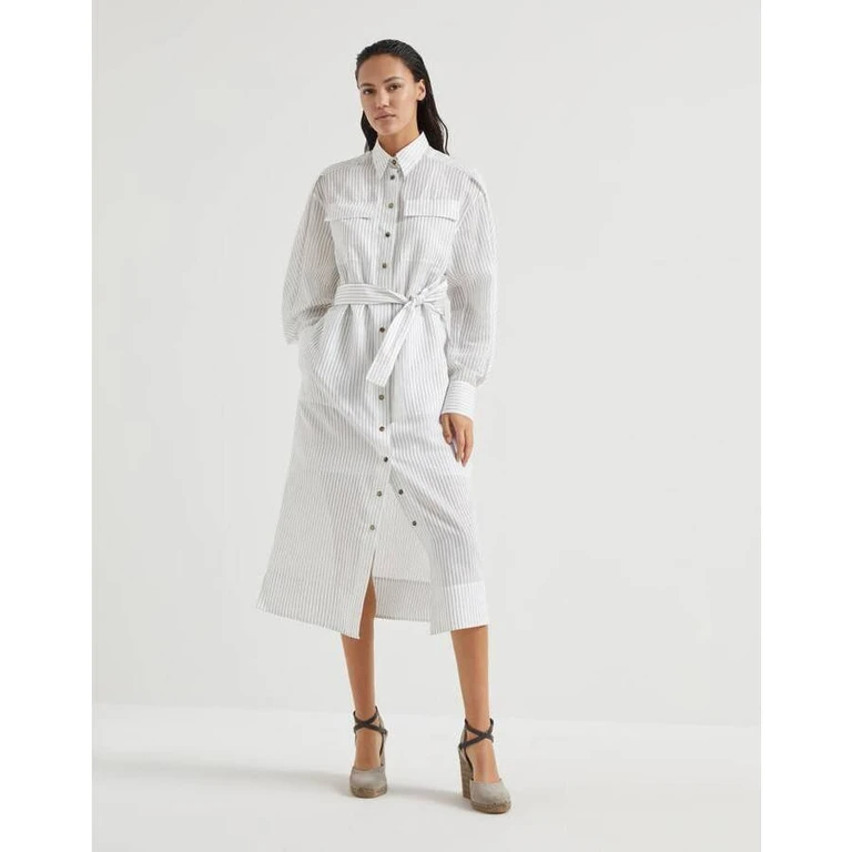 White Striped Belted Dress