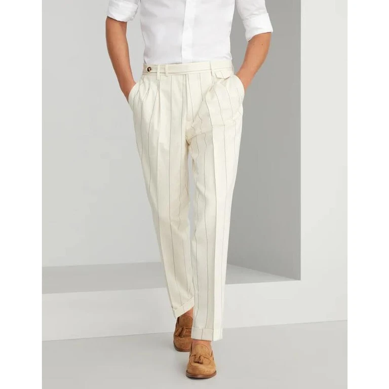 Cream Pinstripe Pleated Trousers
