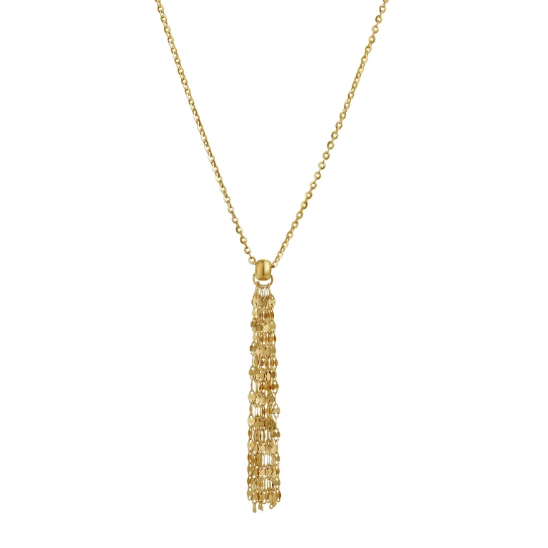 14K Yellow Diamond Cut Mirror Chain Tassle Necklace 18'