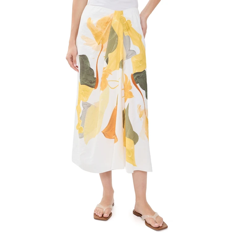 Painted Abstract Floral Draped Skirt Off White/Sun 4