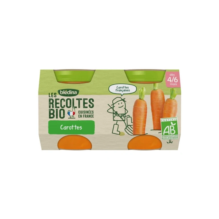 Blédina I Organic Harvests From 4/6 Months - Small Jars of Vegetables - Carrots 2x130g