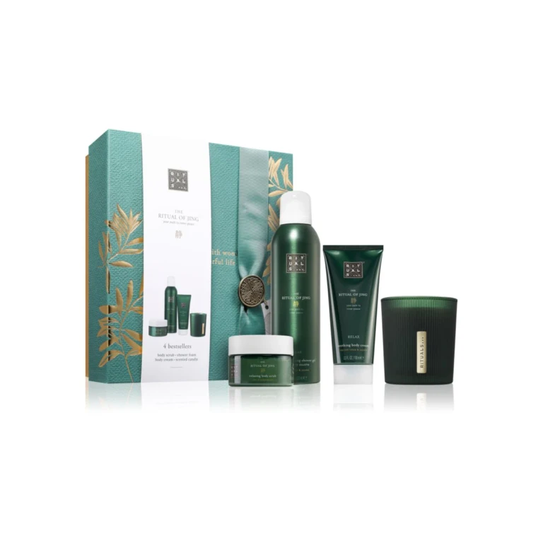 The Ritual Of Jing women's gift set shower foam 200 ml + scented candle 140 g + sugar body scrub 125 g + delicate body cream 100 ml