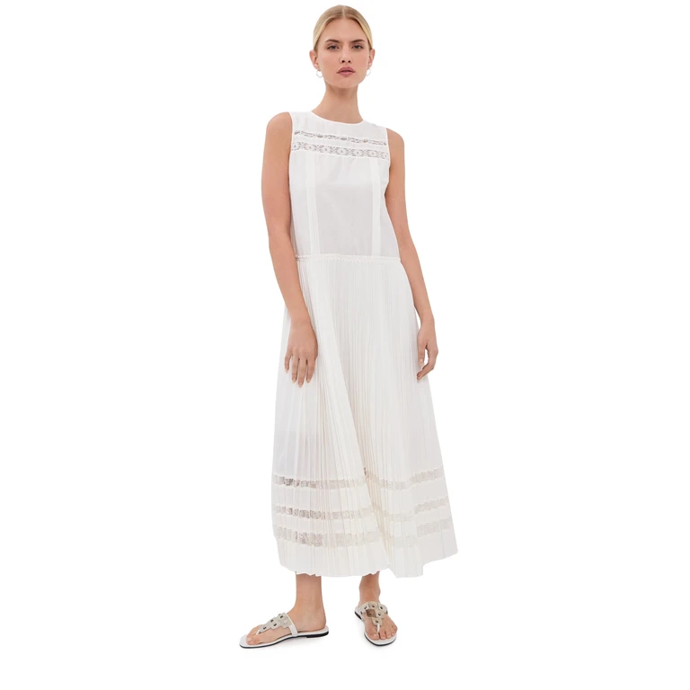 Pleated A-Line Lace Midi Dress White 6