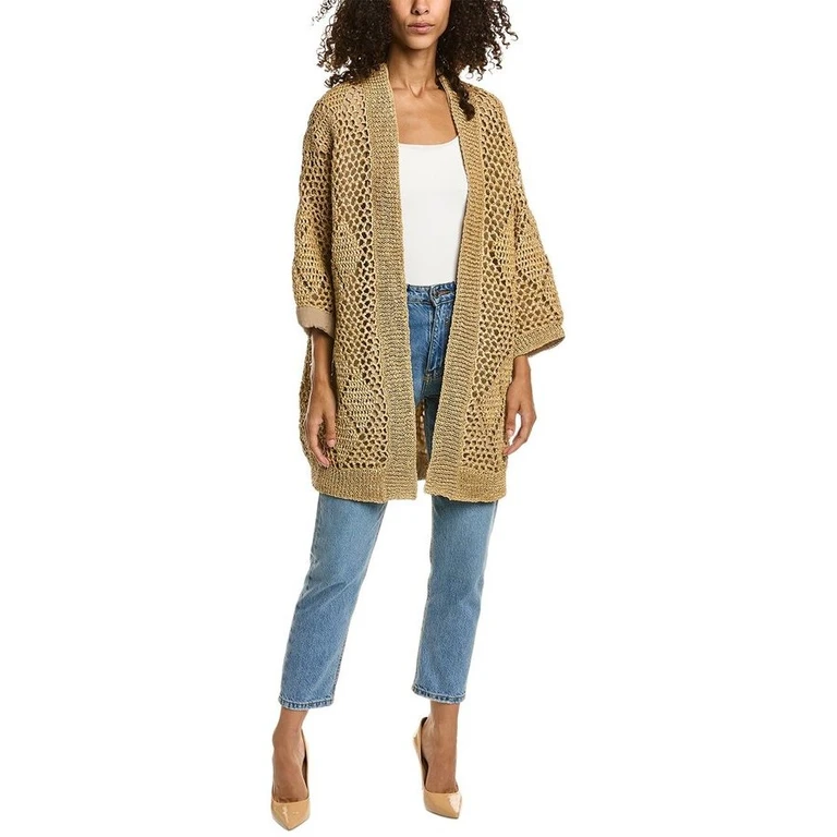 Beige Open-Knit Long Cardigan