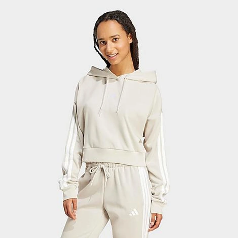 adidas Women's Essentials 3-Stripes French Terry Cropped Hoodie in Beige/White Size: XXS
