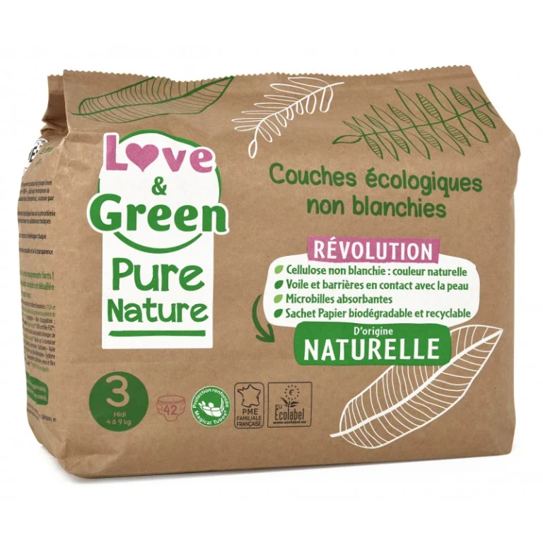 Love&Green Pure Nature - Ecological unbleached nappies - Size 3 - 4 - 9 kg - 42 layers