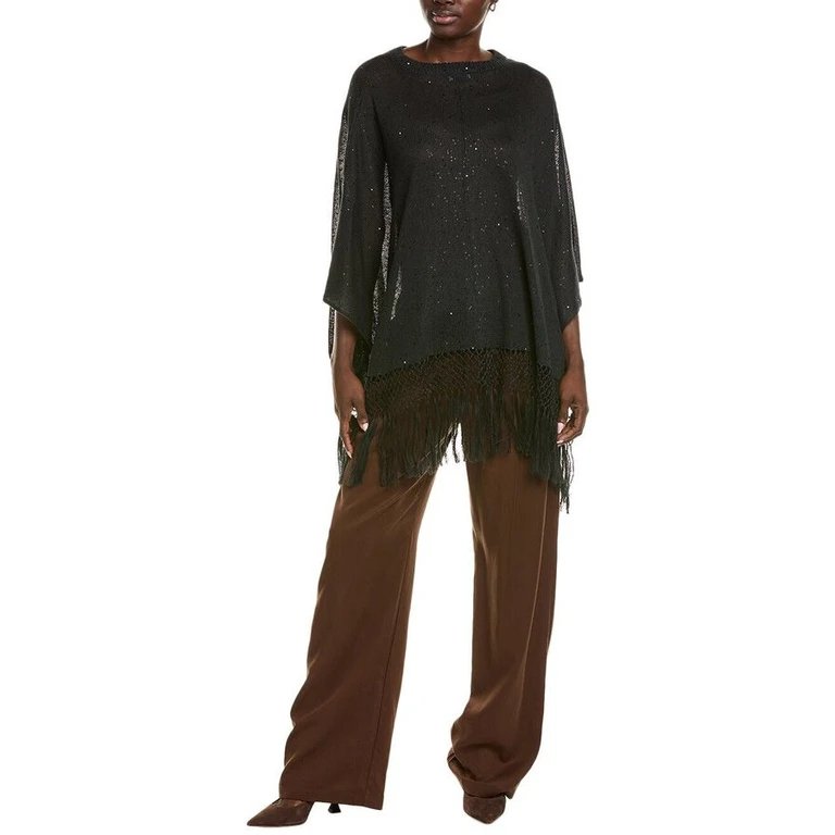 Black Fringed Poncho-Style Sweater