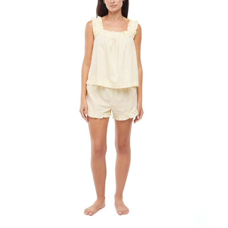 WOMEN'S RUFFLE TANK SLEEP SET:- Yellow, M