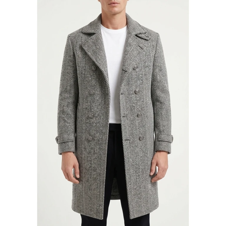 Black White Wool Herringbone Coat