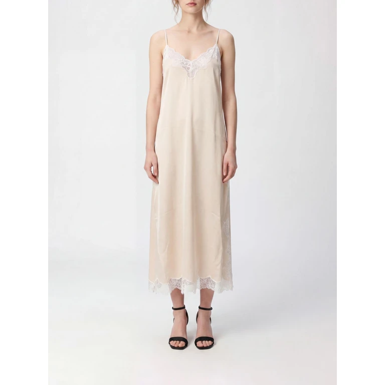 Midi Silk Slip Dress with Lace Inserts and V-Neck (26SBALMANUDE)