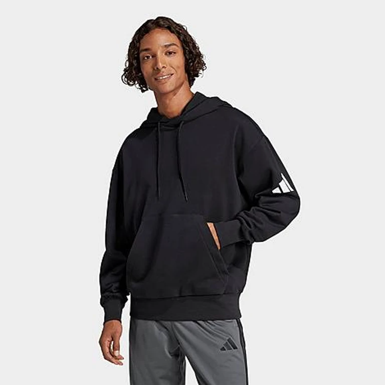 Men's Essentials 3-Bar Logo Loose French Terry Hoodie in Black/White Size: XS