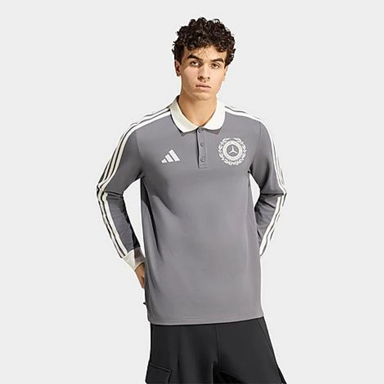 adidas Men's Mercedes-AMG Petronas F1 Team Silver Arrows Icon Long-Sleeve Polo Shirt in Granite/Off White Size: XS
