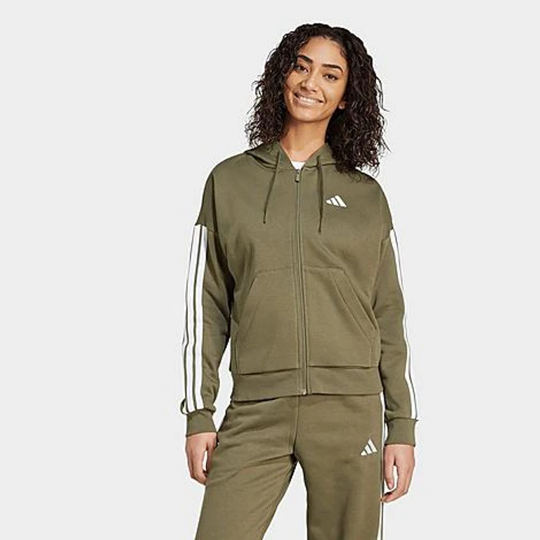 adidas Women's Essentials 3-Stripes Fleece Full-Zip Hoodie in Olive Strata/White Size: XS