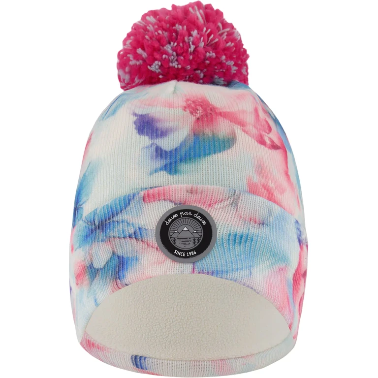 Blue Flower Print Lined Knit Pompom Hat - Little Girl