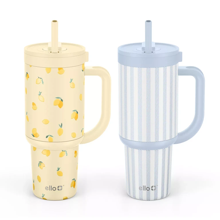 30oz Stainless Steel Handled Tumbler 2pk - Lemon/Blue Stripe:- Lemon / Blue Stripe