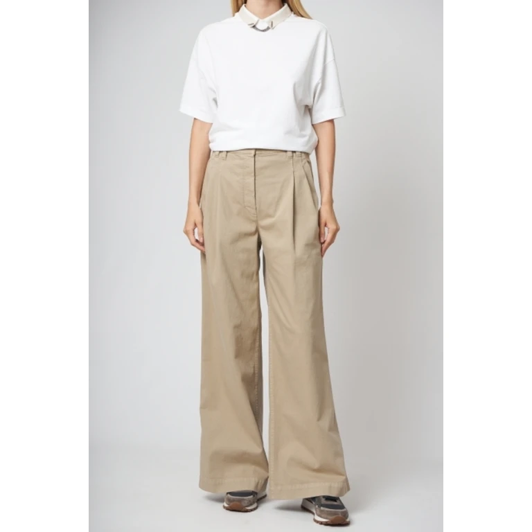 Beige Wide-Leg Pleated Trousers