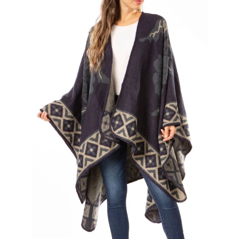 Sakkas Lupe Womens Reversible Poncho Wrap Cape Shawl Sweater Coat Cardigan Pattern