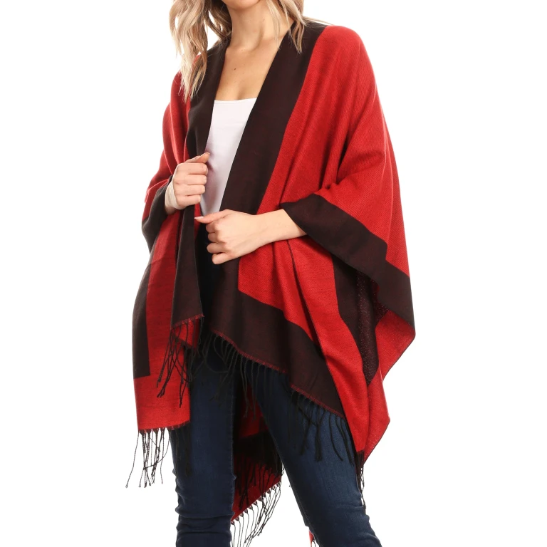 Sakkas Avi Women's Reversible Open Front Poncho Cardigan Ruana Cape Shawl W/Fringe