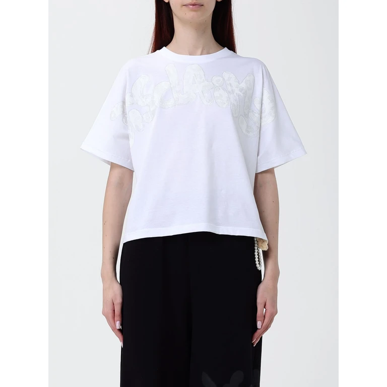 Cropped Cotton T-Shirt with Printed Logo and Crew Neck (55608BIANCO)