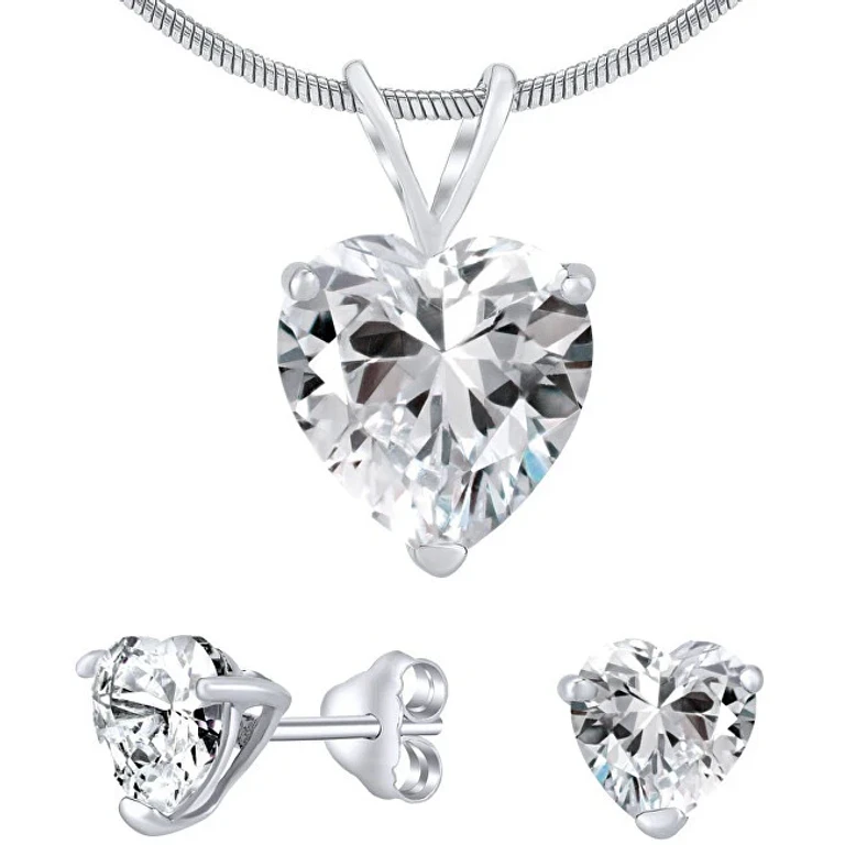 Silver Jewelry Set with Clear Crystal Jjjheart01 (Earrings, Pendant)