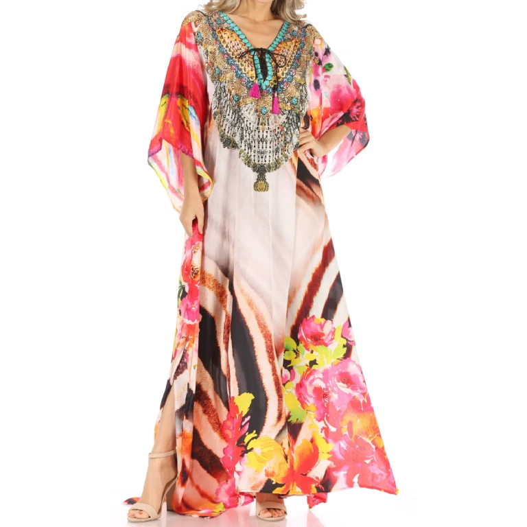 Sakkas Milanna Women's V neck Short Sleeve Vibrant Print Caftan Dress Cover-up