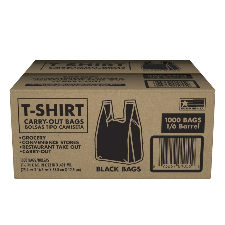 Black T-Shirt Carryout Bags, 11.5' x 6.5' x 22' 1000 ct.