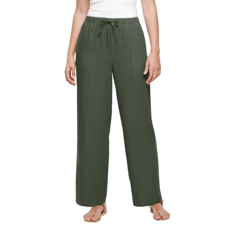 LINEN PULL ON PANT - OLIVE S:- Olive, S