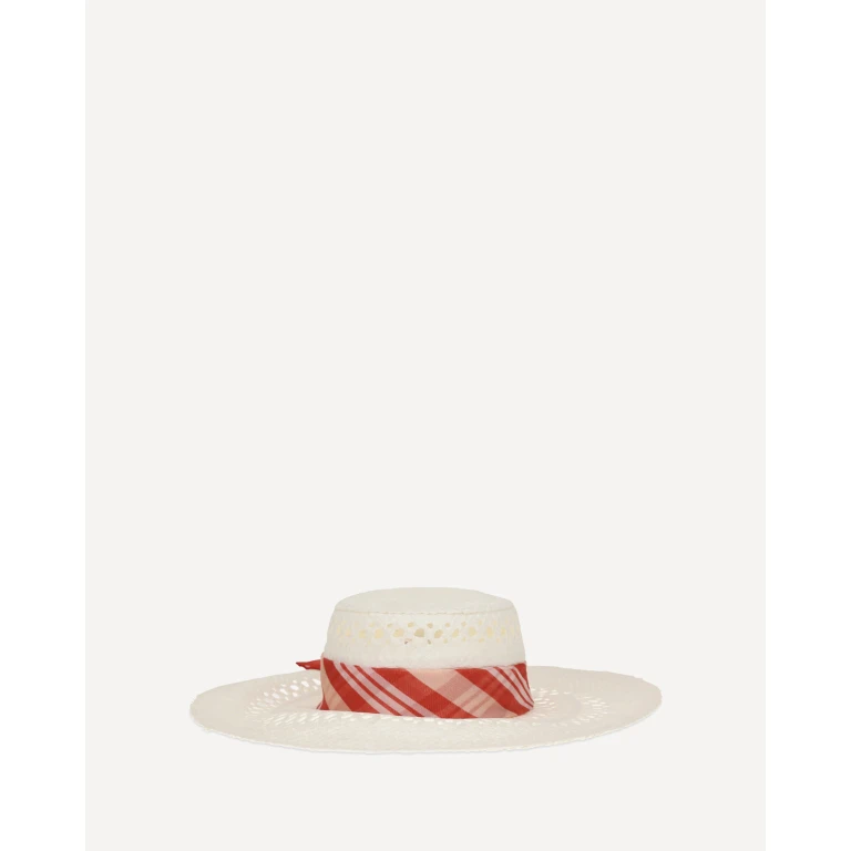 Wide-brim Hat with vichy print silk scarf Female S