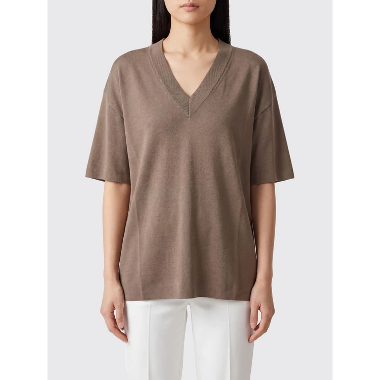 Relaxed Fit V-Neck Jumper in Virgin Wool Blend with Short Sleeves (FKS861KN0158A036)